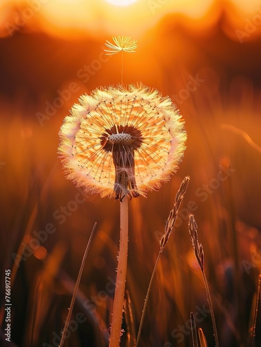 Dandelion at sunset with one seed flying away. Generated AI.
