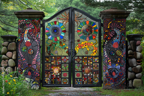 A whimsical gate adorned with colorful stained glass panels and playful mosaic tiles.