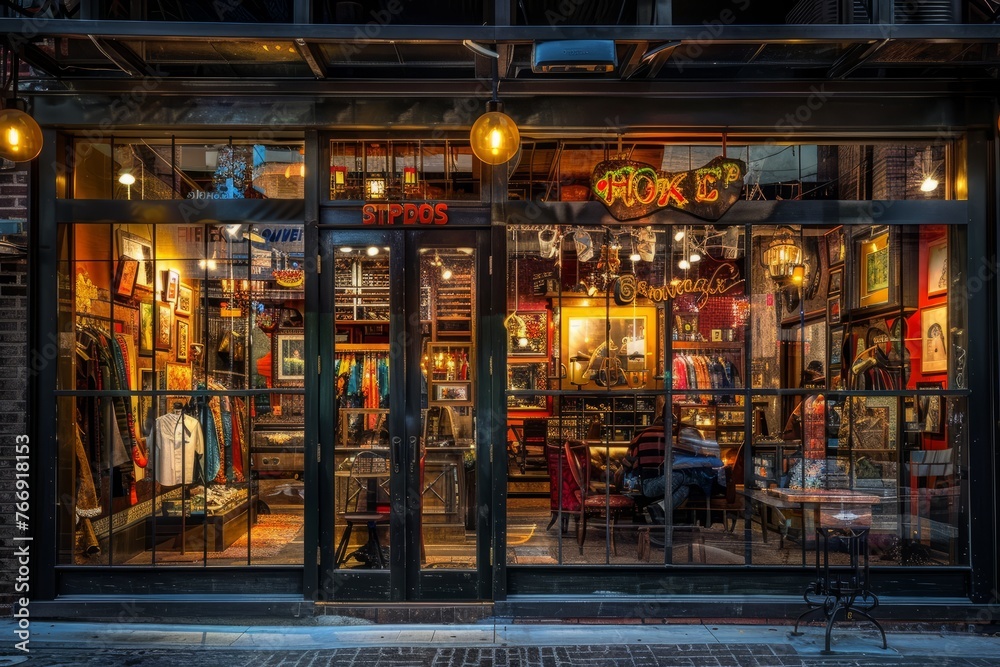 A captivating storefront filled with a variety of items, attracting passersby with its diverse display of products and merchandise