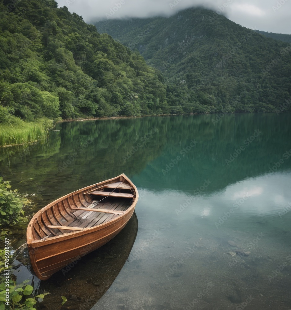 Overcast skies and the verdant slopes of a mountain frame a solitary rowboat on a placid lake, with clear waters revealing pebbles beneath. The stillness is a sanctuary for the soul. AI generation