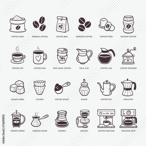 Hand-drawn coffee icons, coffee machines, and essential resources. Different ways to make coffee. Cute doodle style, perfect for decorating coffee shops, cafes, coffee menus... Vector illustration.