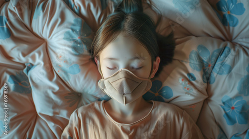 young girl sleeping on bed with surgical mask, epidemic and pollution crisis concept