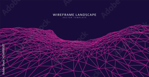 Wireframe landscape. Futuristic 3d mesh background. Digital polygonal hills technology. Vector illustration. photo