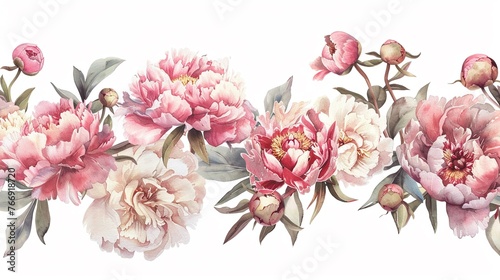 Elegant Peony Floral Border watercolor clipart, featuring blooming peonies in shades of pink and cream, isolated on white, with careful attention to preserving the border integrity photo