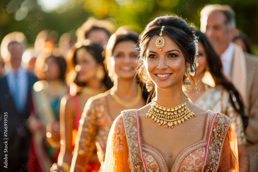 Naklejka premium Elegant Indian Bride in Traditional Attire at Sunny Outdoor Wedding Ceremony Surrounded by Guests