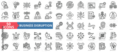 Business disruption icon collection set. Containing innovation, technology, start up, entrepreneurship, digitalization, automation, agile icon. Simple line vector. photo