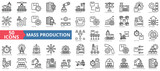 Mass production icon collection set. Containing assembly line, efficiency, standardization, automation, conveyor belt, replication, economies of scale icon. Simple line vector.
