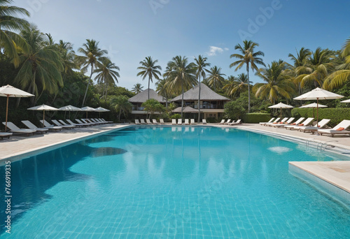 Empty swimming pool in tropical resort in summer background colorful background