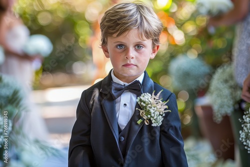 Adorable Young Boy in Formal Attire at Outdoor Wedding Ceremony With Pensive Expression photo