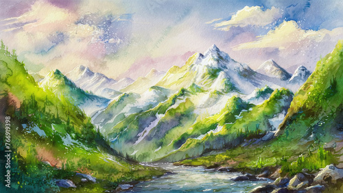 A stunning watercolor painting of a mountain landscape  with vibrant hues of green and blue. The mountain peaks are covered with snow  and a serene river flows at its base.