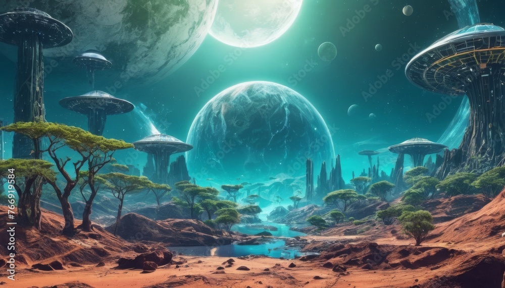 A breathtaking view of a distant exoplanet, featuring majestic alien trees and futuristic mushroom-shaped structures under the glow of multiple moons. The serene blue ambiance is contrasted by the