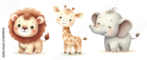 Cute Safari Friends. Lion, Giraffe, Elephant. Watercolor Illustration. Isolated on white background. Generative AI.