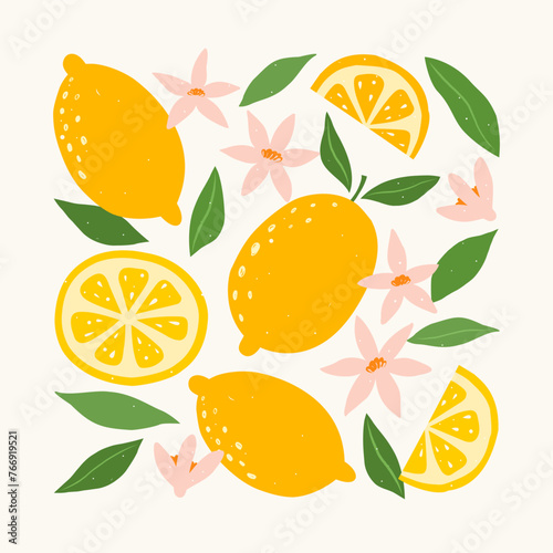 Modern abstract illustration lemons with leaves and flowers. Fruits pattern. Modern botany art print. Set of citrus tropical fruits. Summer vector design for wall decor, poster, card, banner, cover.