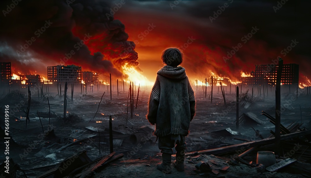 A solemn image capturing a child standing before a devastating scene of destruction and fire, representing the harsh realities of conflict and the impact on the innocent. apocalyptic, aftermath, war