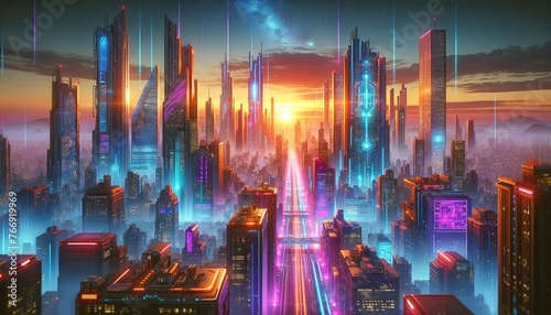 A breathtaking futuristic cityscape at dawn, with neon lights and towering skyscrapers, portrays a high-tech metropolis pulsating with energy and advanced technology.