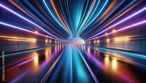 The image a futuristic tunnel glowing with neon lights, creating a sense of motion towards a distant vanishing point. The reflection on the glossy floor enhances the depth and high-tech atmosphere.