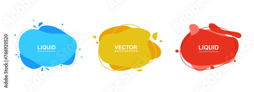 Set of liquid shapes, modern graphic elements for banner and poster. Dynamic flowing fluid forms and lines with space for text. Various banners in blue, yellow and red color. Vector illustration 