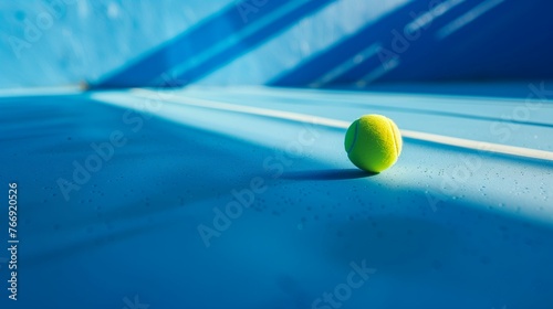 Tennis Ball on Blue Court, Low Angle View, Sports Background with Copy Space