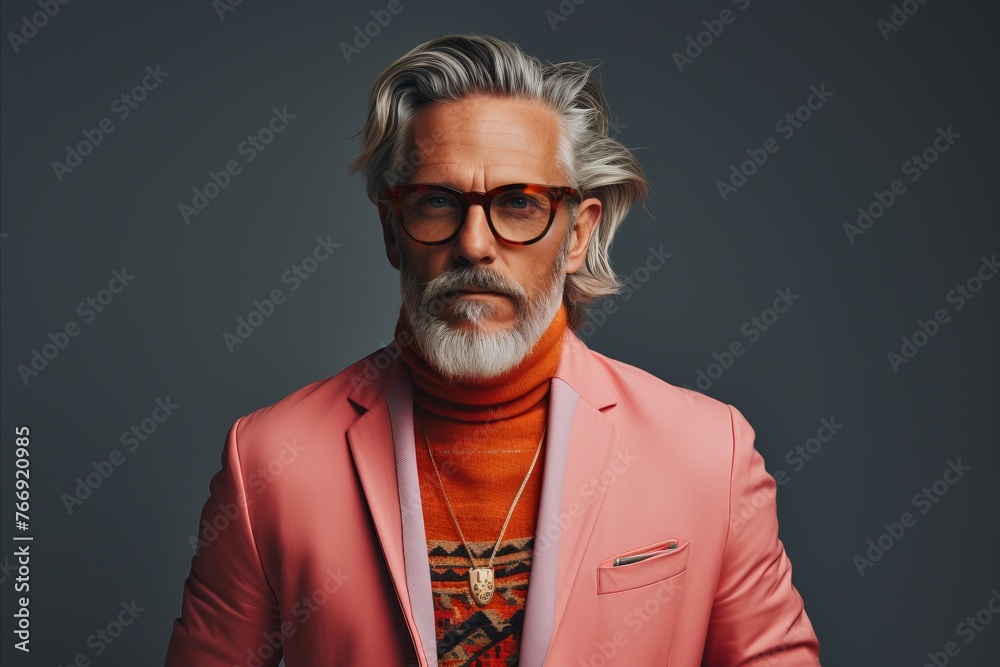 Portrait of a stylish senior man in a pink jacket and glasses.