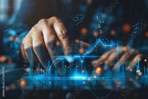 Digital online marketing, Financial and investment business planning and development. Businessman analyzing growth sales data graph on virtual screen