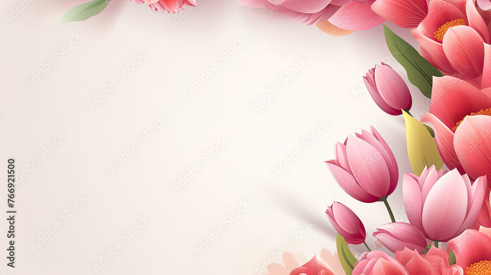 3D Pink Flowers Frame for Happy Mother's Day, Copy Space for Text Message. Perfect Greeting Card Template, Banner, Postcard Background