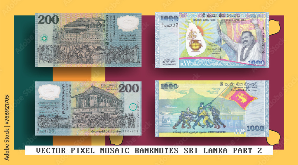 Vector set of pixel mosaic banknotes of Sri Lanka. Collection of notes in denominations of 200 and 1000 rupees. Obverse and reverse. Play money or flyers. Part 2