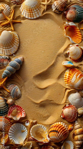 A scenic summer backdrop featuring golden sand scattered with a variety of seashells. © PLATİNUM