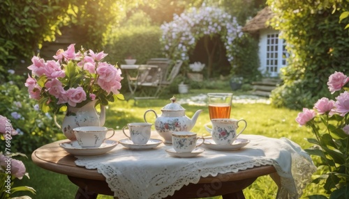 An elegant tea set with floral patterns sits on a round wooden table, ready for a relaxing afternoon. Sunlight filters through the lush garden, enhancing the tranquil setting. AI generation