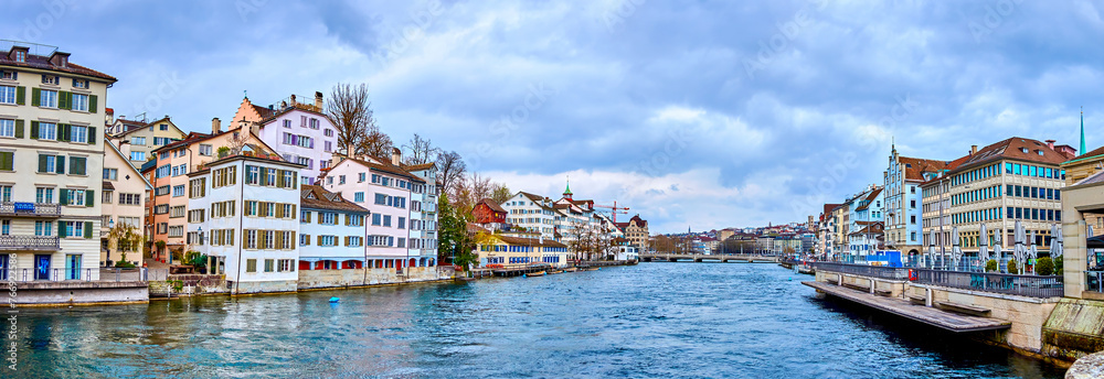A panoramic view from Rathausbrucke on both sides of the Limmat River, Switzerland