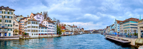 A panoramic view from Rathausbrucke on both sides of the Limmat River, Switzerland