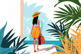 A young girl in a yellow skirt and a striped blouse on the beach. Vacation concept. View from the back. Hand drawn illustration, bright colors.