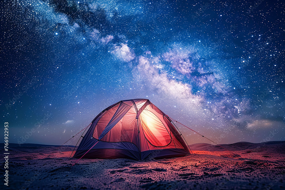 Red tourist tent at night over a clear starry sky. Milky Way.Tent in the night.