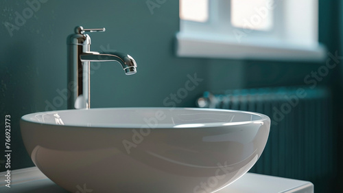 a white wash basin with a shiny faucet