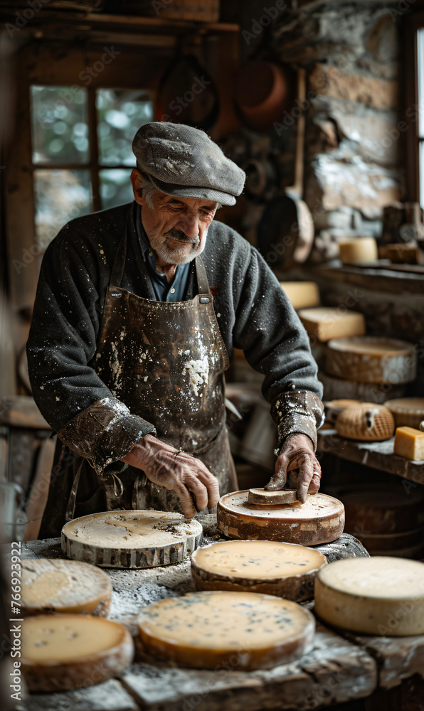 Artisan cheese maker with a variety of cheeses in a traditional cheese shop. Handcrafted produce and gourmet food concept for design and print. Portrait of a craftsman in a rustic setting Artisan cheese maker with a variety of cheeses in a traditional cheese shop. Handcrafted produce and gourmet food concept for design and print. Portrait of a craftsman in a rustic setting