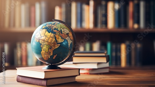 Cultural awareness. globe surrounded by assorted books from various cultures on blurred background © chelmicky