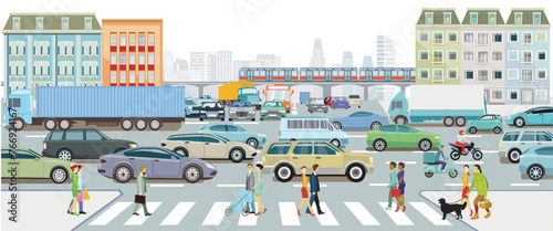 Stadtsilhouette einer Stadt mit Verkehr  und Personen, illustration