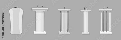 Tribune podium rostrum speech flat stand. Conference stage with microphone, press or debate speaker photo