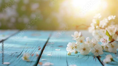 White spring blossoms spread across a rustic turquoise wooden table with a soft-focus sunlit background
