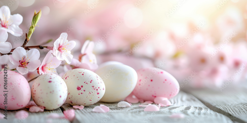 Decorative Easter eggs nestled among cherry blossoms on a rustic table, under soft spring light