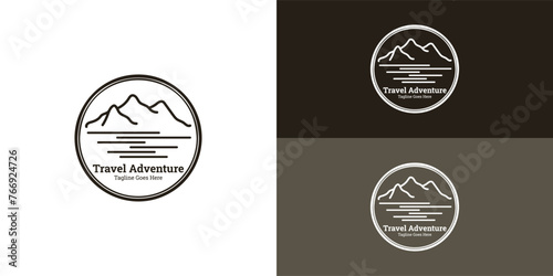 Mountain, Sea, and Sun illustration in retro stamp shape with classic black color isolated in multiple background colors. The logo is suitable for Hipster Adventure Traveling logo design inspiration.