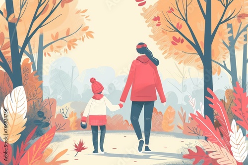 Young Mother and Child Walking in Autumn Park. Vibrant Fall Foliage Background. Mother's Day Illustration