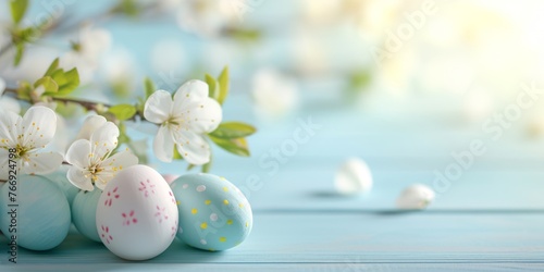 Hand-painted Easter eggs with delicate cherry blossoms on a blue wooden surface, bathed in soft sunlight