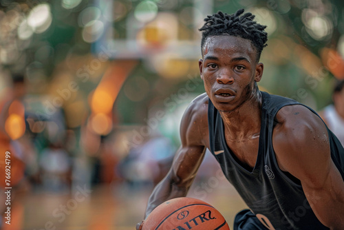 A dynamic snapshot capturing a youthful basketballer skillfully maneuvering the ball on the court. © Thiyanga