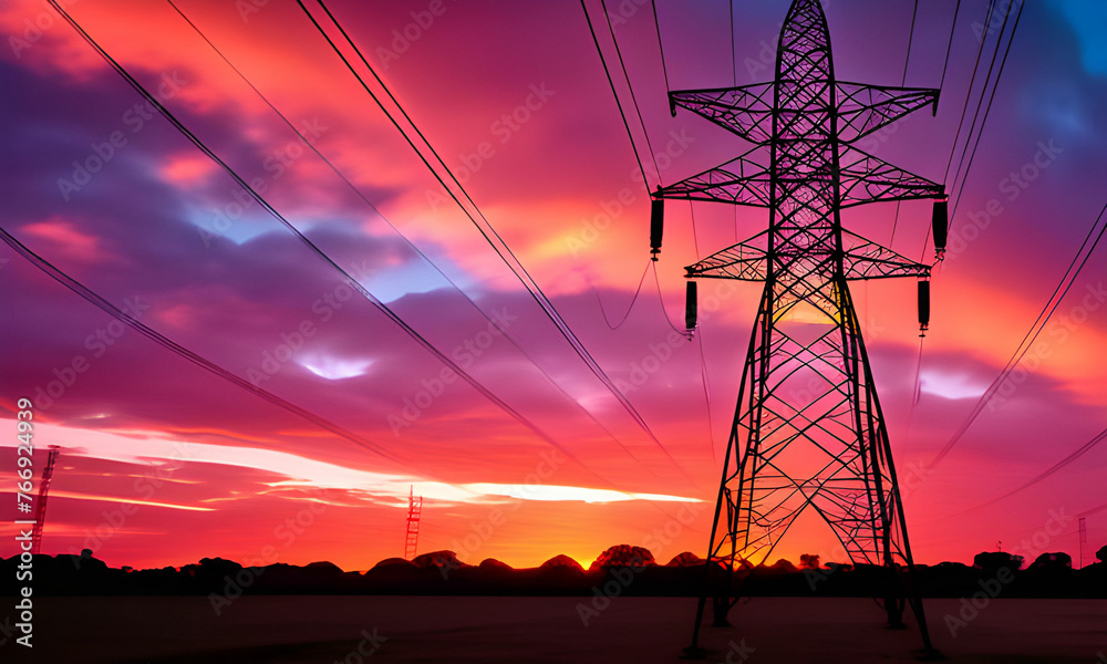 Sunset Silhouette: High Voltage Electric Tower