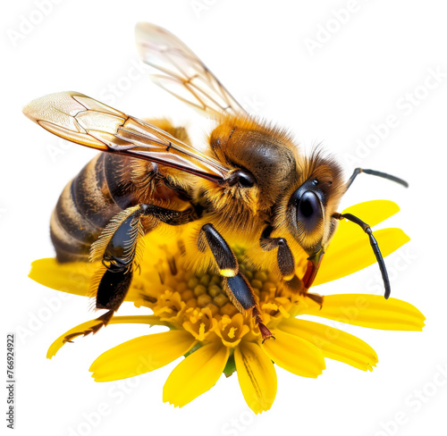 Honeybee on vibrant yellow flower, cut out - stock png.