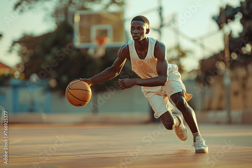 A dynamic snapshot capturing a youthful basketballer skillfully maneuvering the ball on the court. © Thiyanga