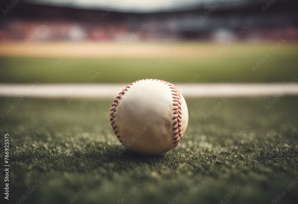 A baseball ball on the ground, blurred stadium background