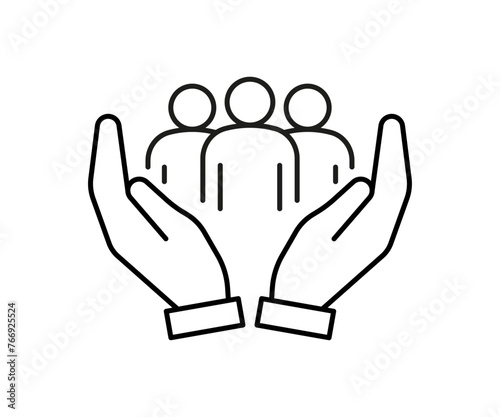 Hand support community people, line icon. Care, protection, help group people. Solidarity, volunteer support. Vector outline illustration