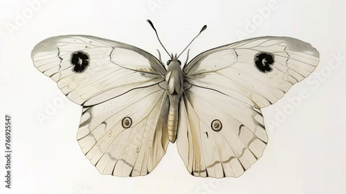 A butterfly, creamy white with a single black spot on each wing