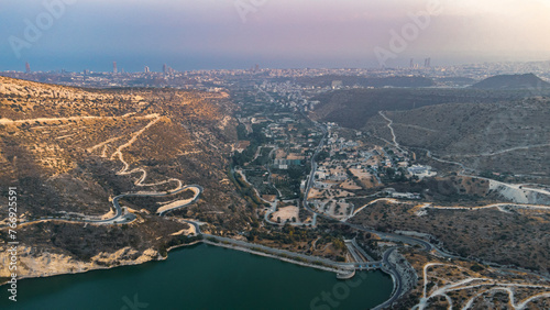 Fototapeta Naklejka Na Ścianę i Meble -  Aerial view of the Germasogeia Reservoir in Cyprus.